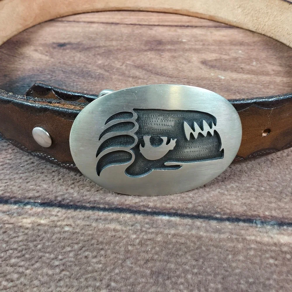Leather Belt Men Small Brown Good Bear Paw Buckle Scalloped Edge